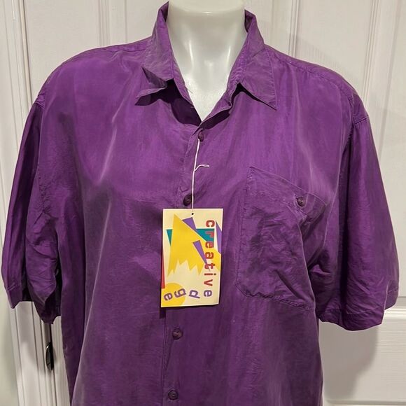 Creative Edge vintage 80s boxy short sleeve button down purple silk blouse large - Picture 4 of 10